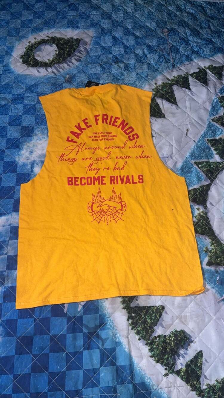 Become Rivals Fake Friends Graphic Muscle Tank Top Yellow